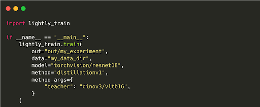 Code to transfer knowledge from DINOv3 to ResNet-18 in LightlyTrain.