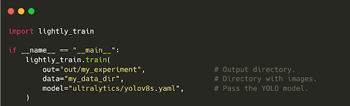 Figure 14: Code to train the YOLOv8 model using LightlyTrain.