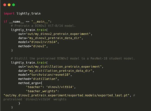 F Code to distill knowledge from DINOv2 to the ResNet18 model using LightlyTrain.