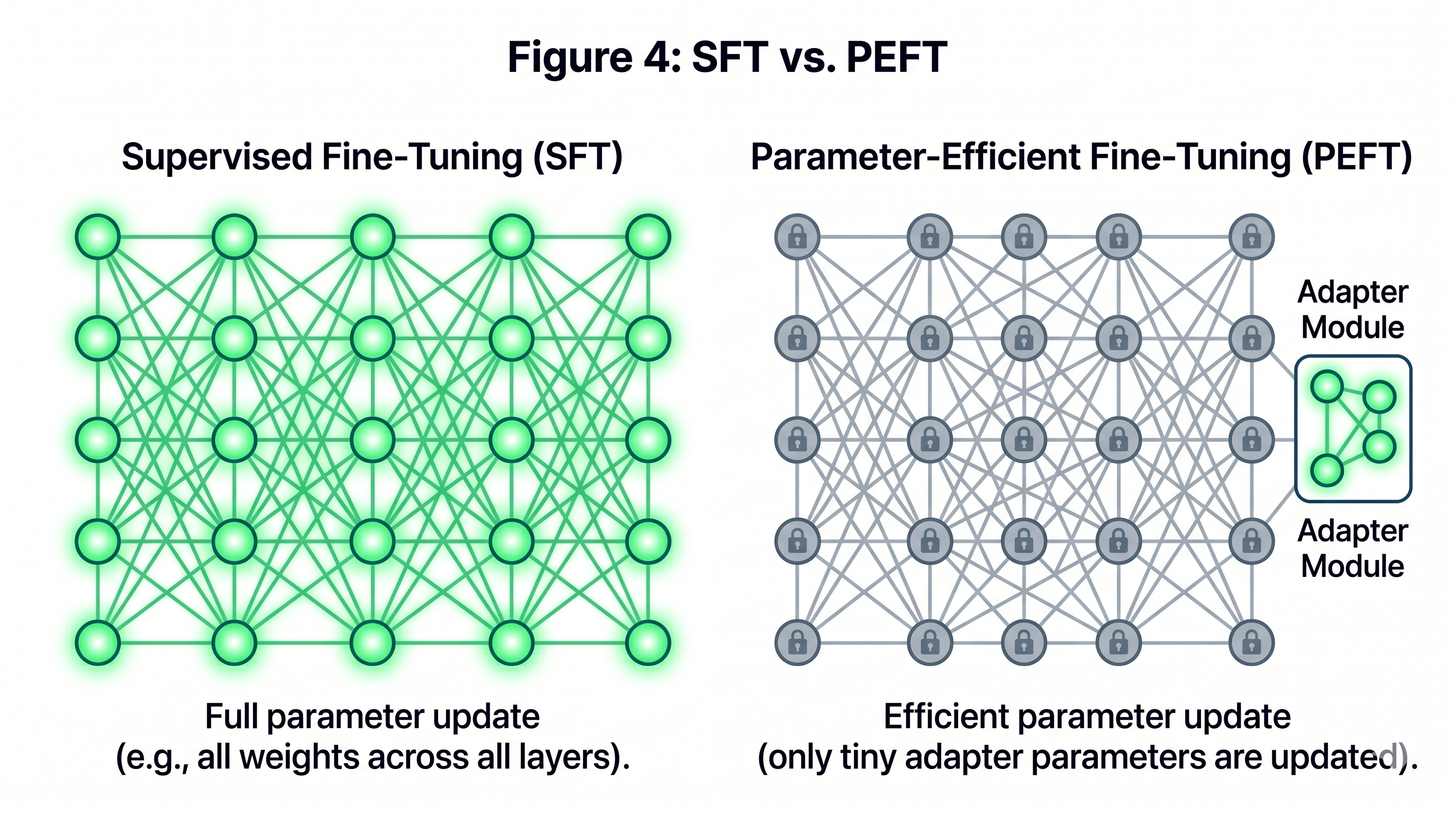 Figure: SFT vs PEFT: full parameter update vs. low-rank adapter fine-tuning