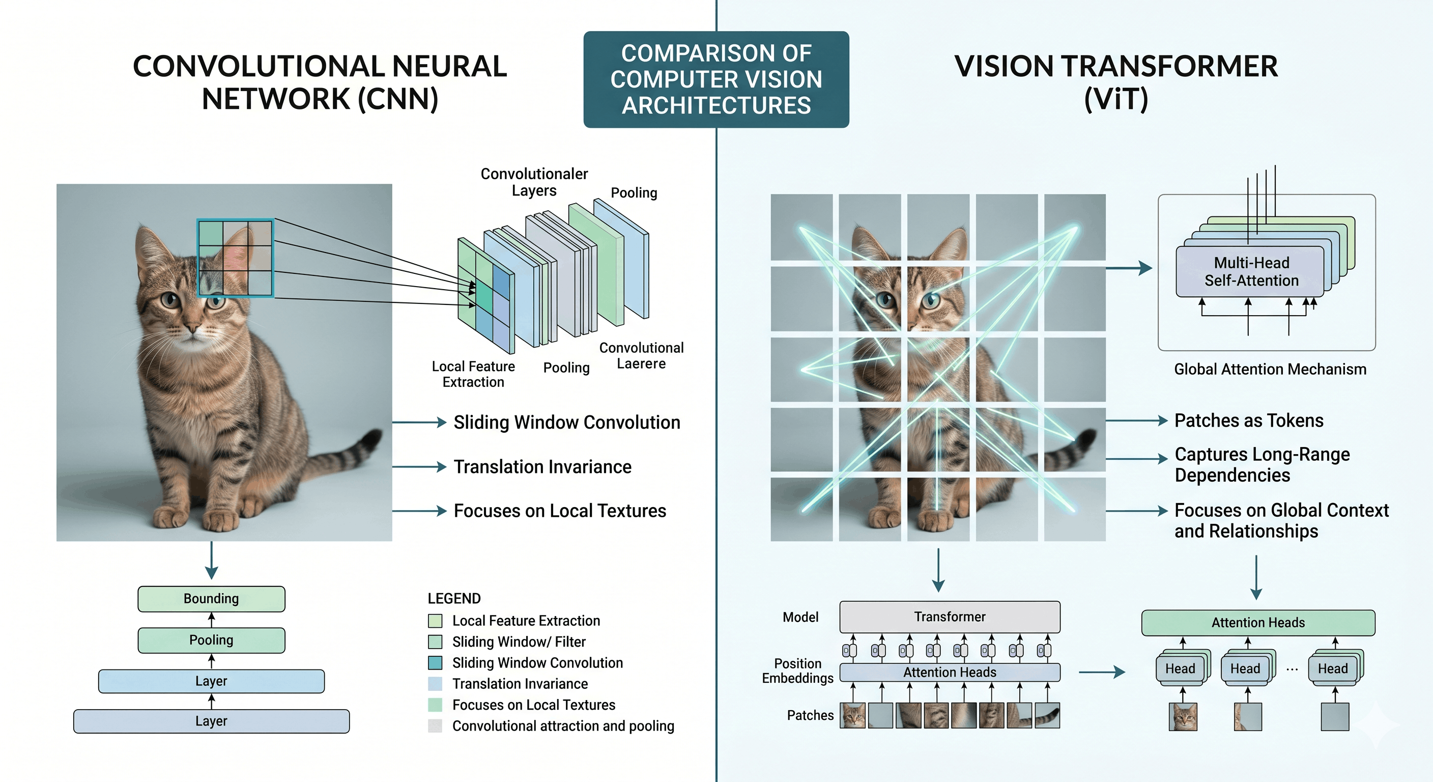 Figure: Side-by-side comparison of CNN local receptive field vs. vision transformer global attention across an image