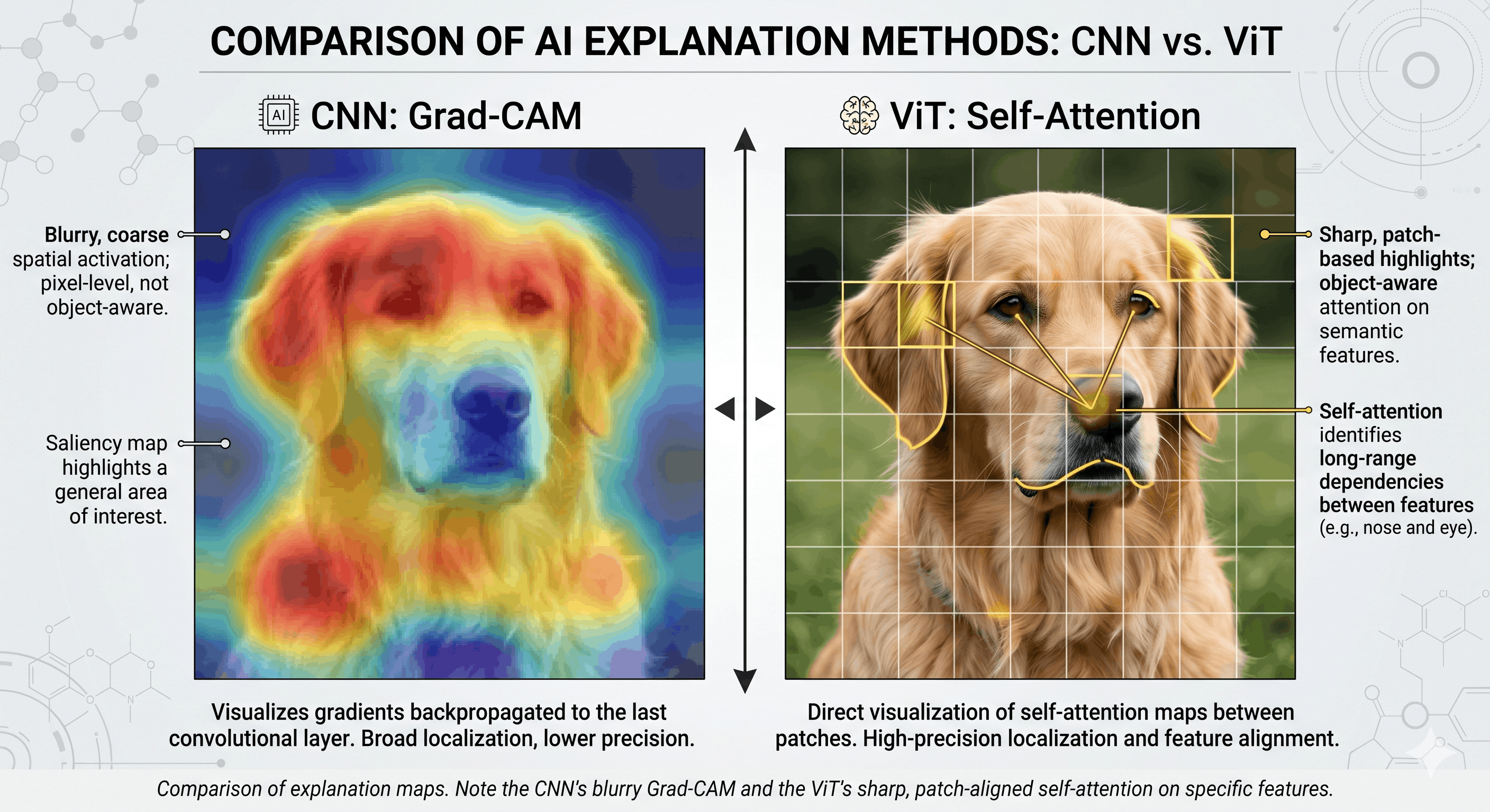Figure 1: Comparison of interpretability methods between architectures. The CNN (left) uses Grad-CAM to produce a coarse, gradient-based heatmap of general interest areas. In contrast, the ViT (right) leverages Self-Attention to provide sharp, patch-aligned visualizations that pinpoint specific semantic features like the eyes and nose.