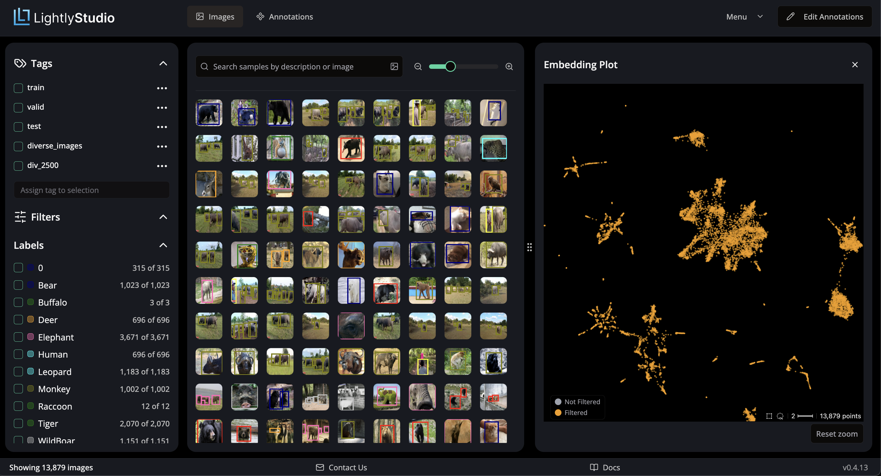 Figure: LightlyStudio interface showing image embeddings clustered by visual similarity