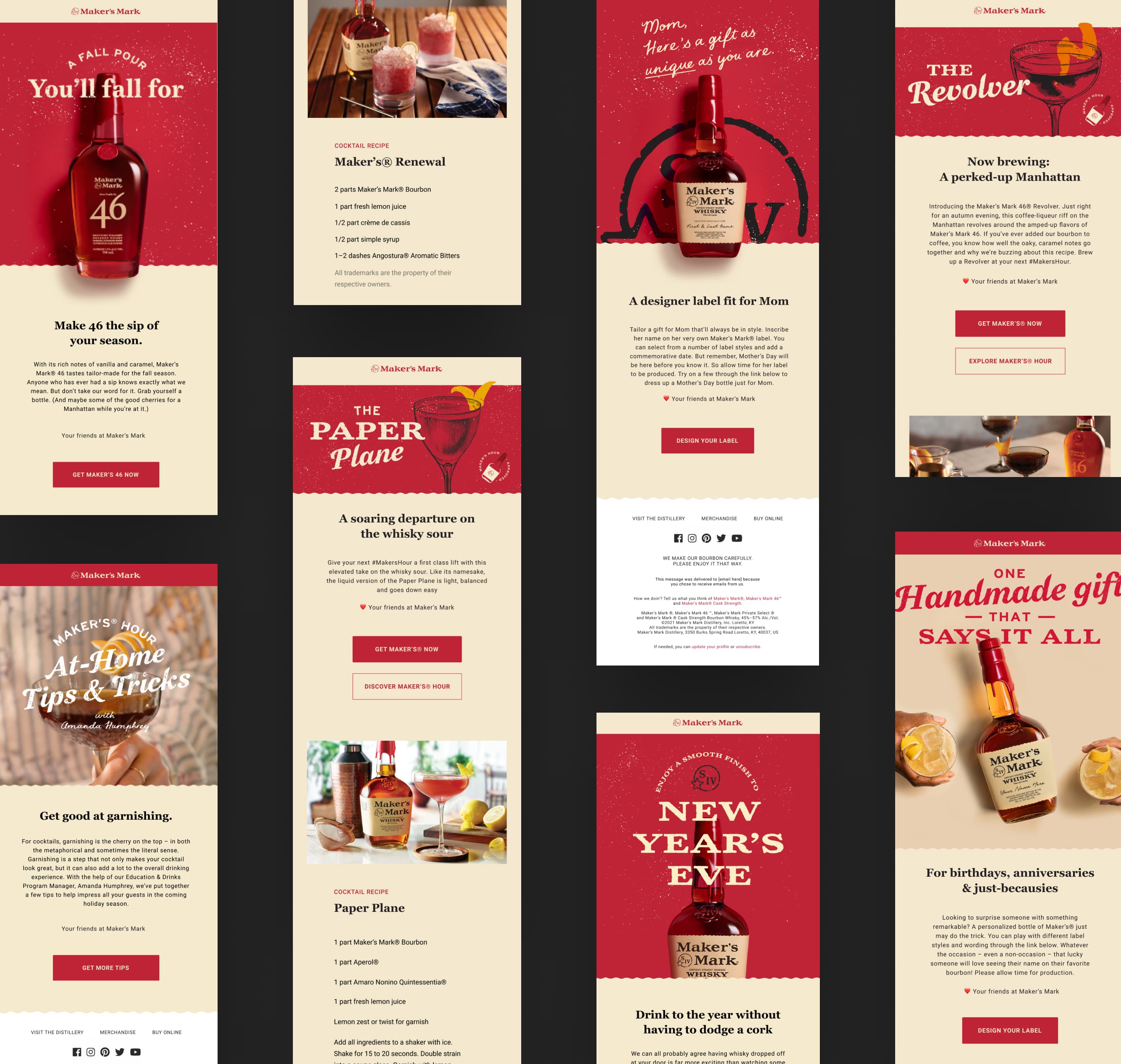 Maker's Mark email screens in a grid layout, showing how the artwork and UI elements work together in harmony.