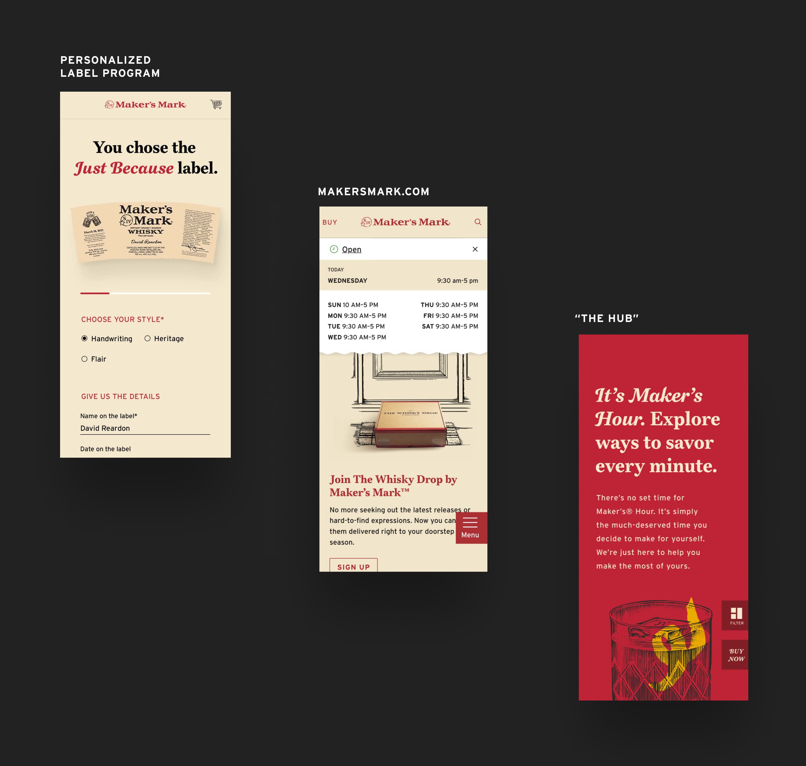 Phone screens showing how Maker's Mark UI works in various brand sites and programs like the Personalized Label Program, the makersmark.com website, and the Maker's Hour Hub.