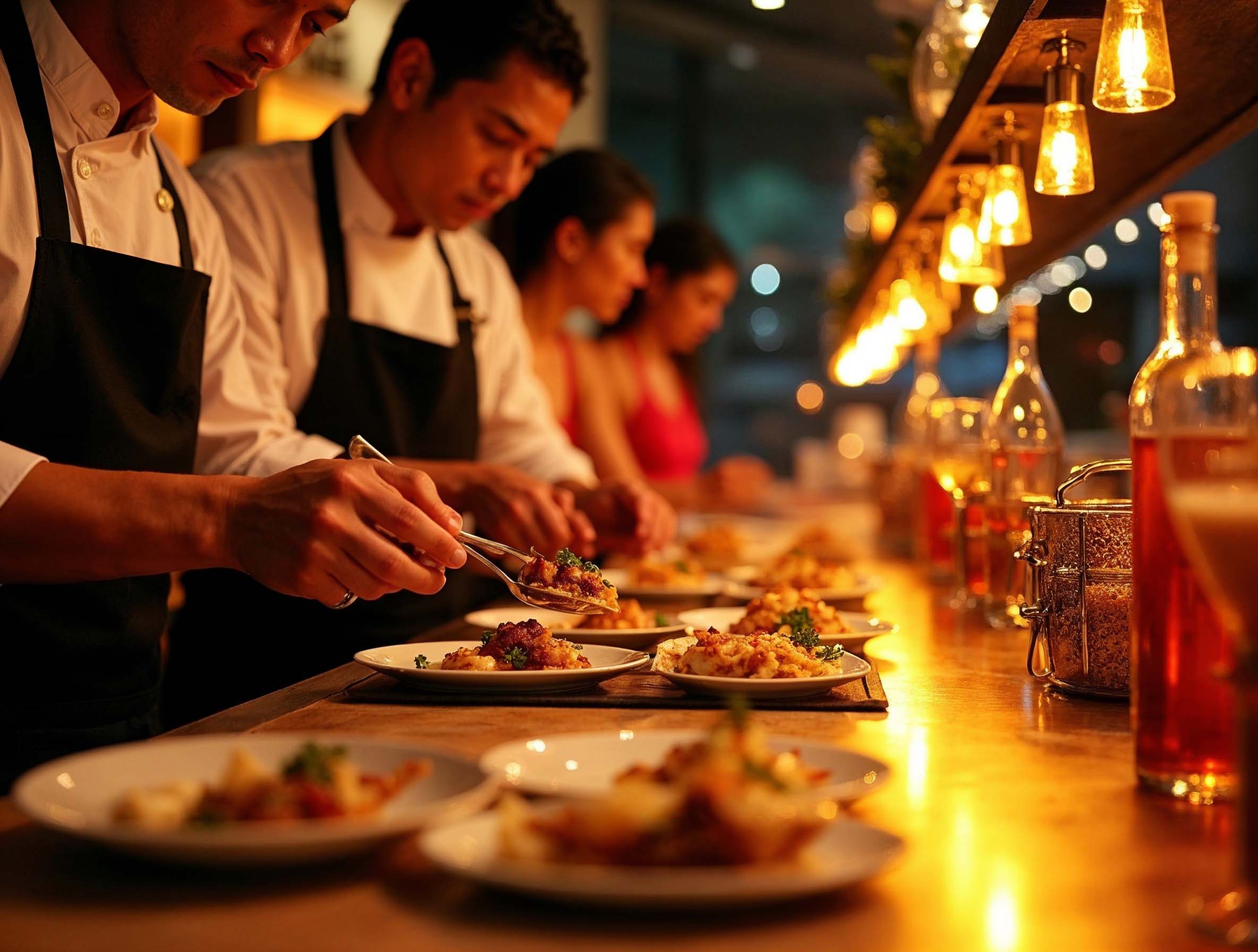 Chefs plating festive dishes at a company Christmas party