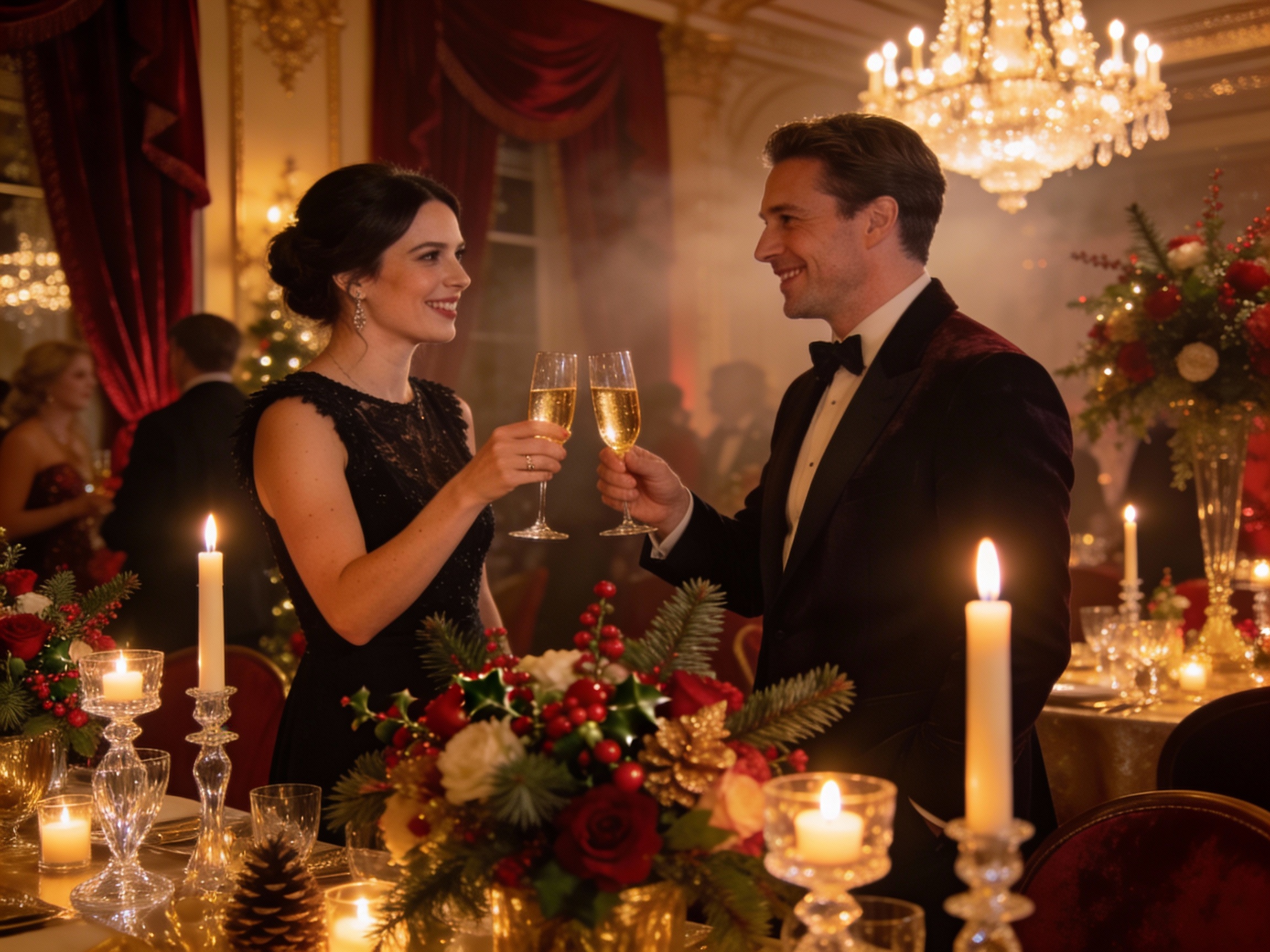Guests toasting by candlelight at a Classic Christmas company party