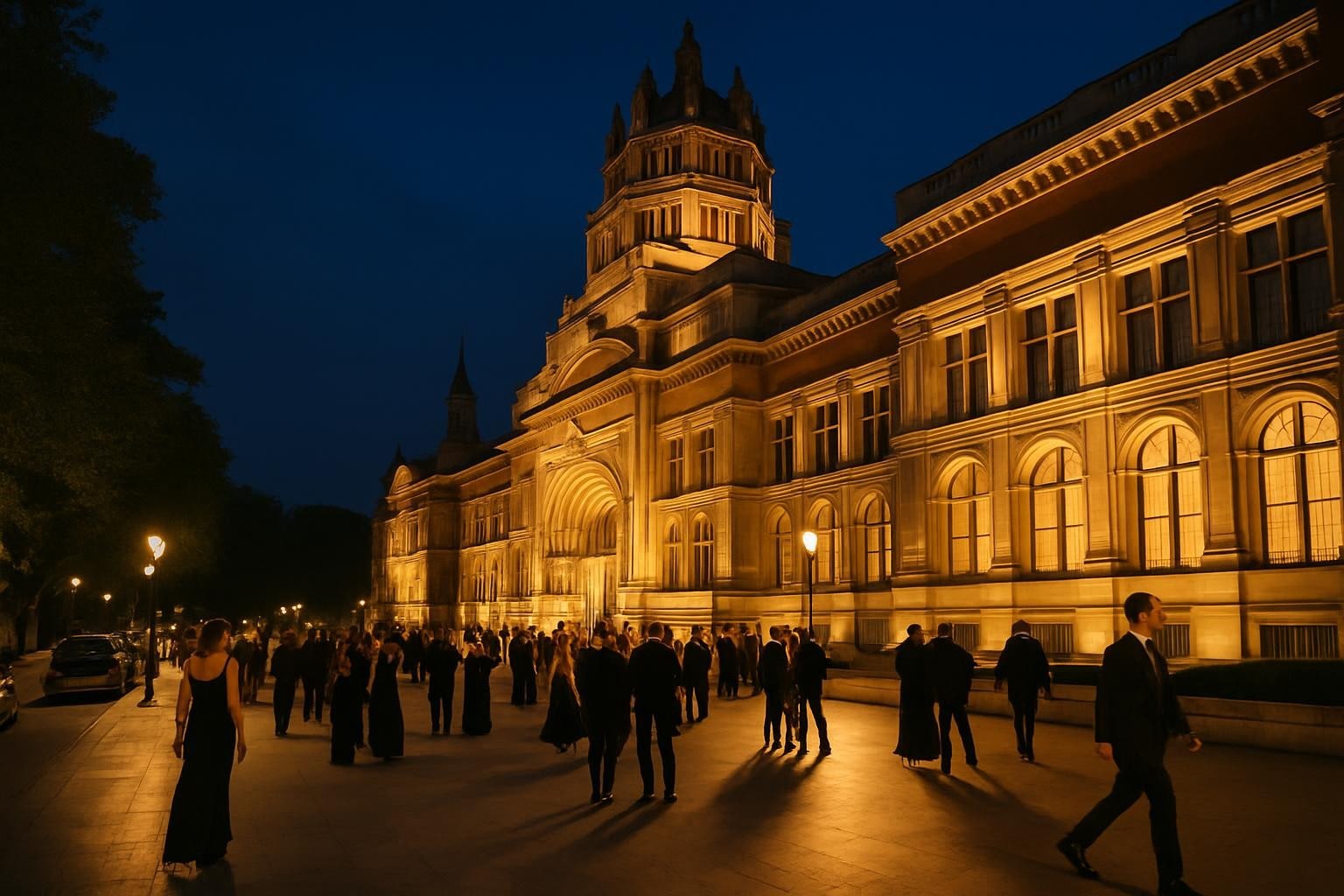 Evening exterior of the Victoria and Albert Museum prepared for a high-end corporate event
