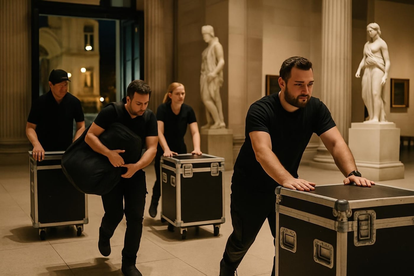 Event production team load-in at a museum