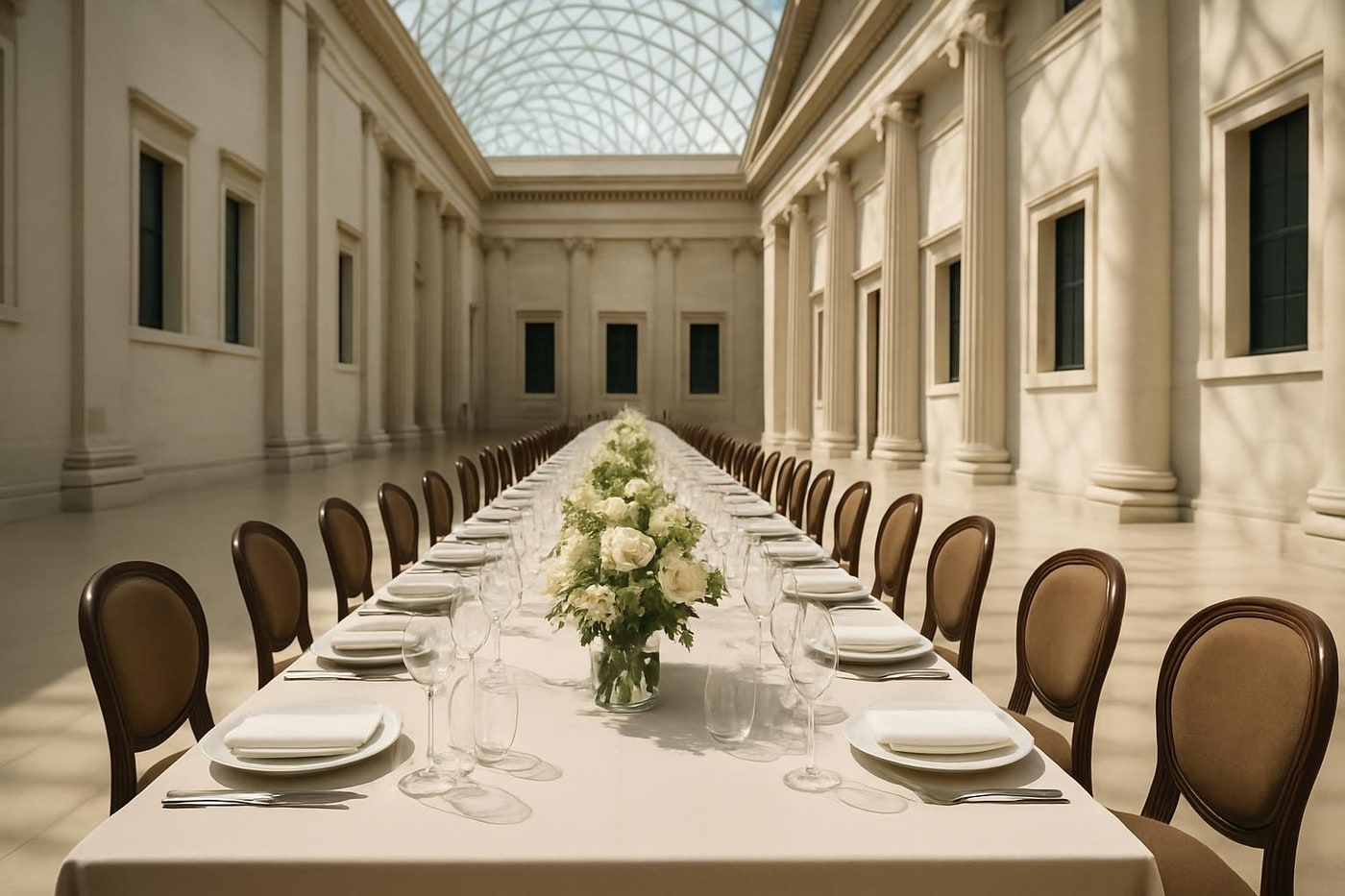 Dining setup in a grand museum space