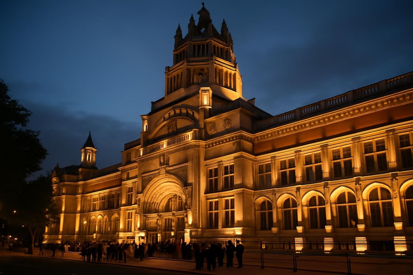 The V&A exterior lit for an evening event