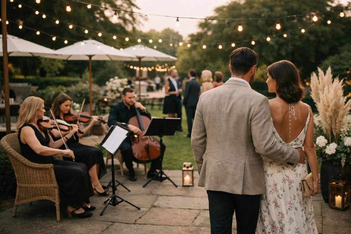 String quartet creating a relaxed arrival atmosphere at a corporate summer party.