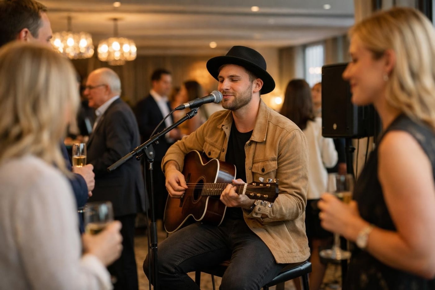 Acoustic performer setting a relaxed tone as guests arrive at a corporate event.