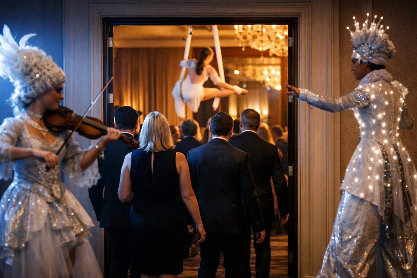 Live entertainment helping direct guest movement between event spaces.