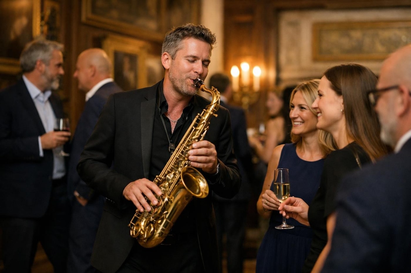 Roaming saxophonist guiding guest engagement through a heritage venue.
