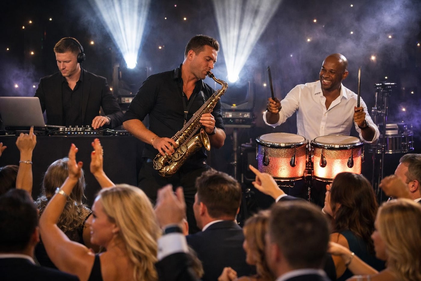 DJ, saxophone and percussion combination driving a packed dancefloor.