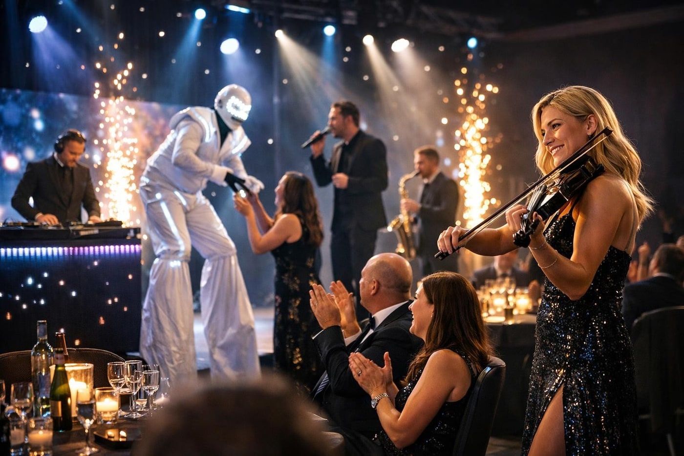 Multiple entertainment styles creating depth and variety at a corporate event.