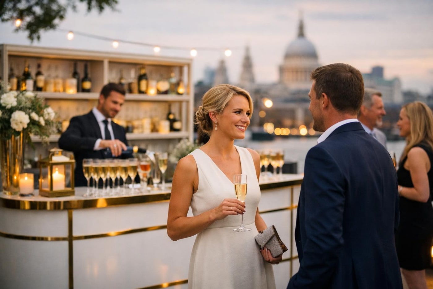 Arrival drinks reception at a corporate summer party in London.