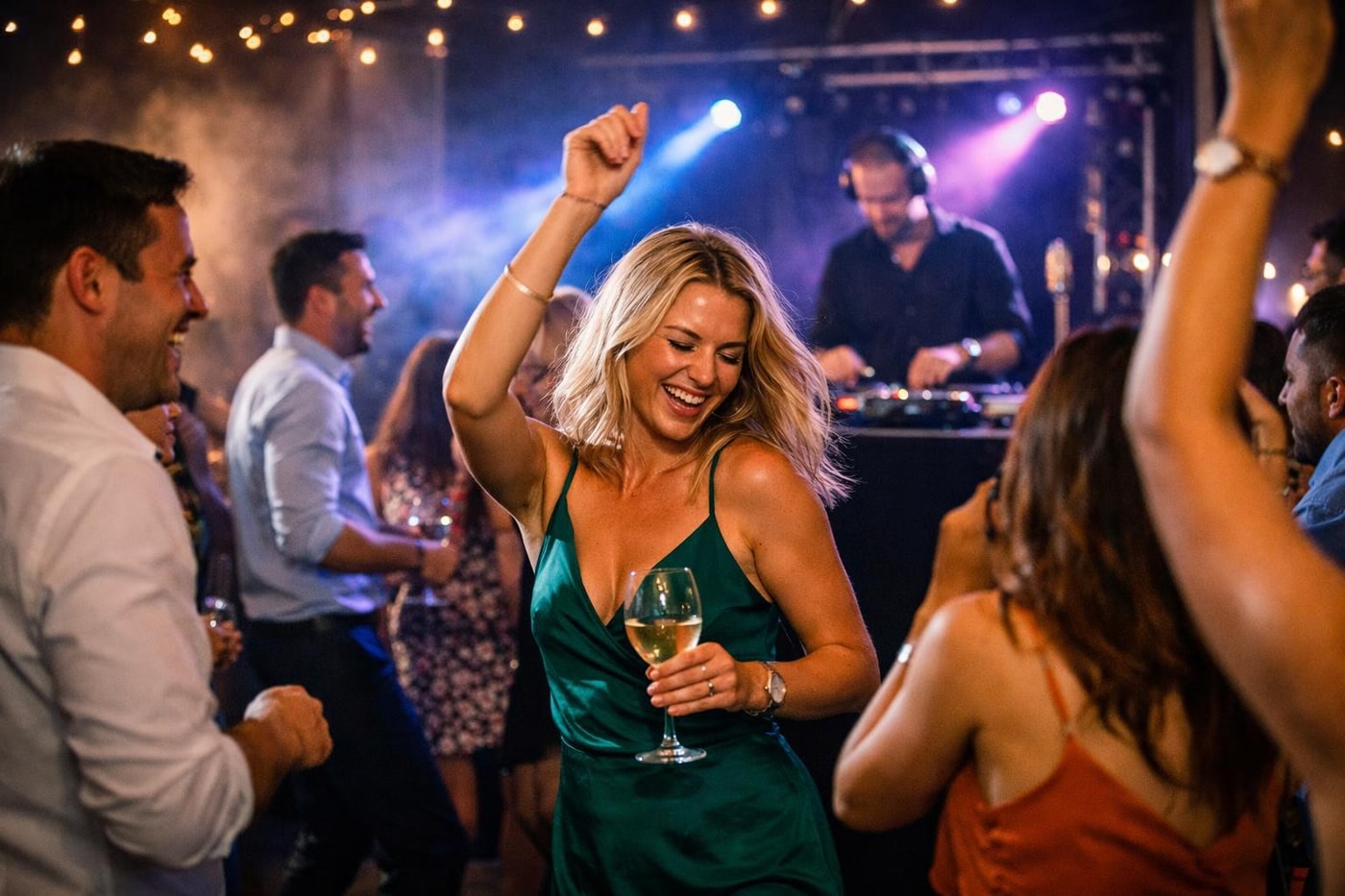 Late-night dancefloor at a corporate summer party in London.