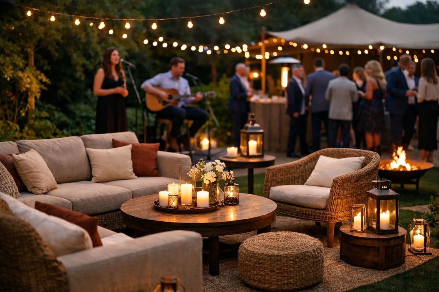 Outdoor lounge area at a corporate summer party.