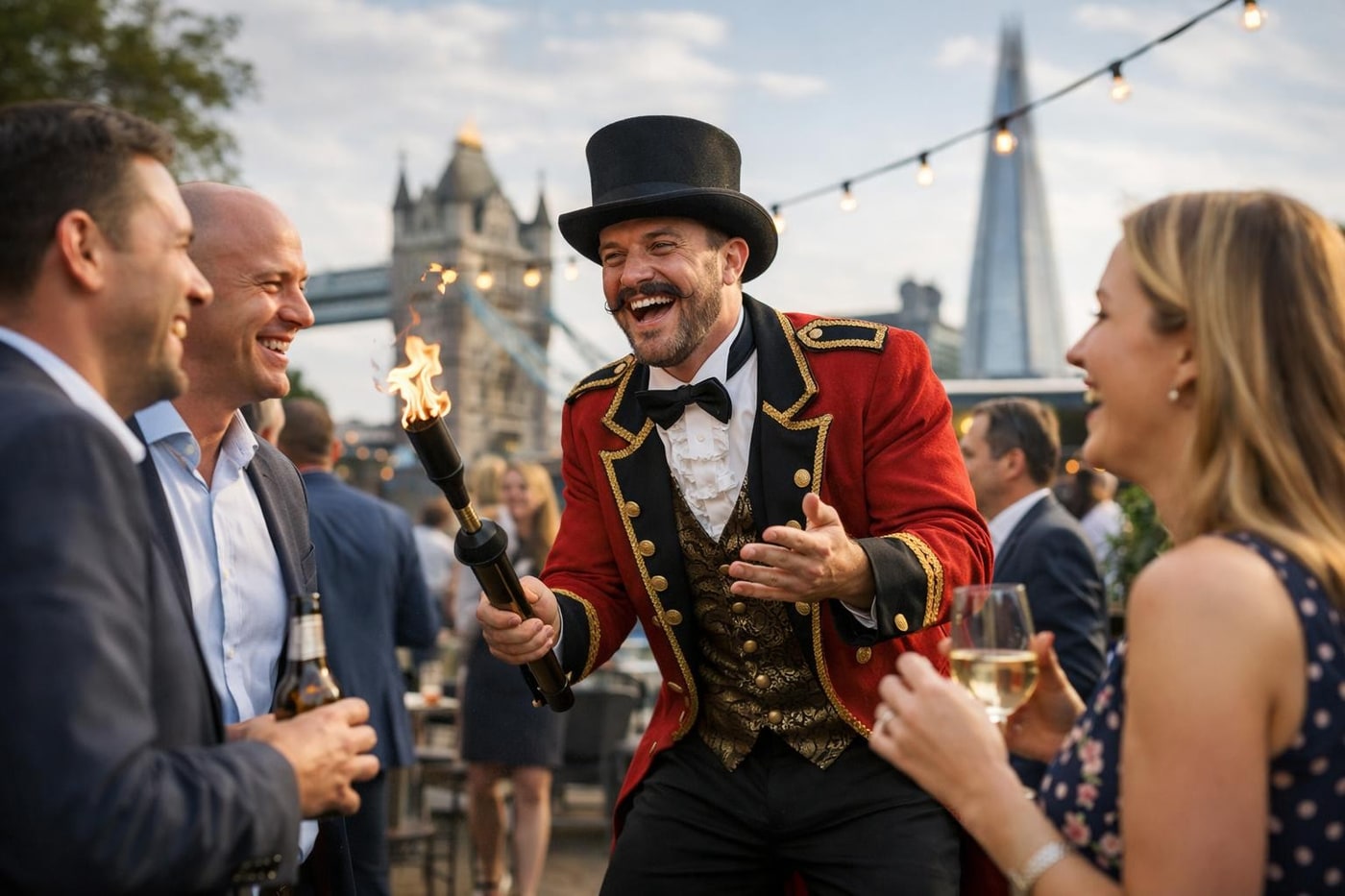 Roaming performer engaging guests at a corporate event.