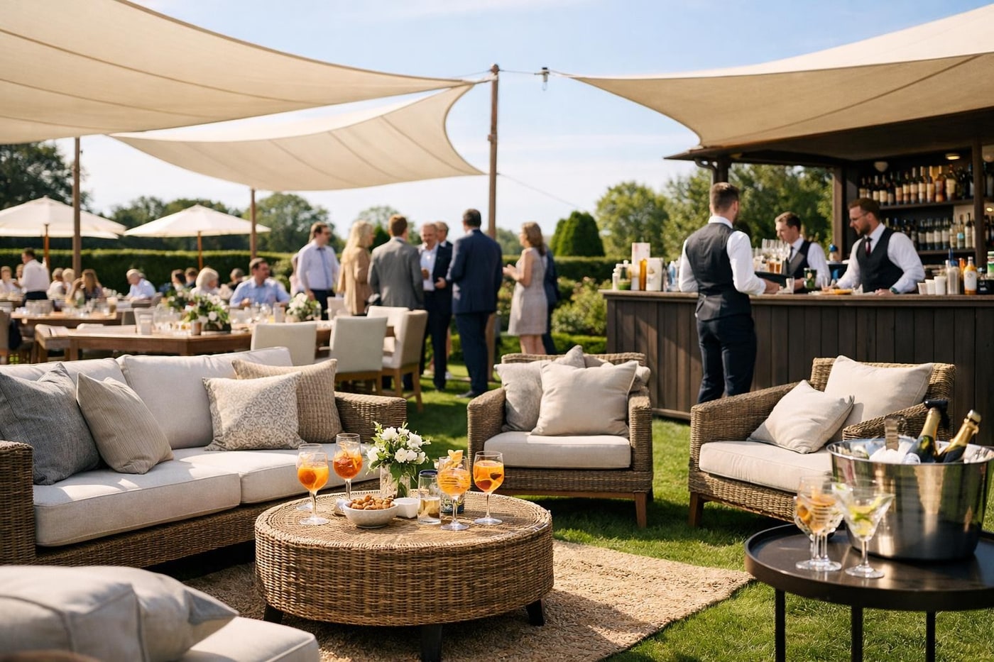 Comfort-focused outdoor corporate event layout