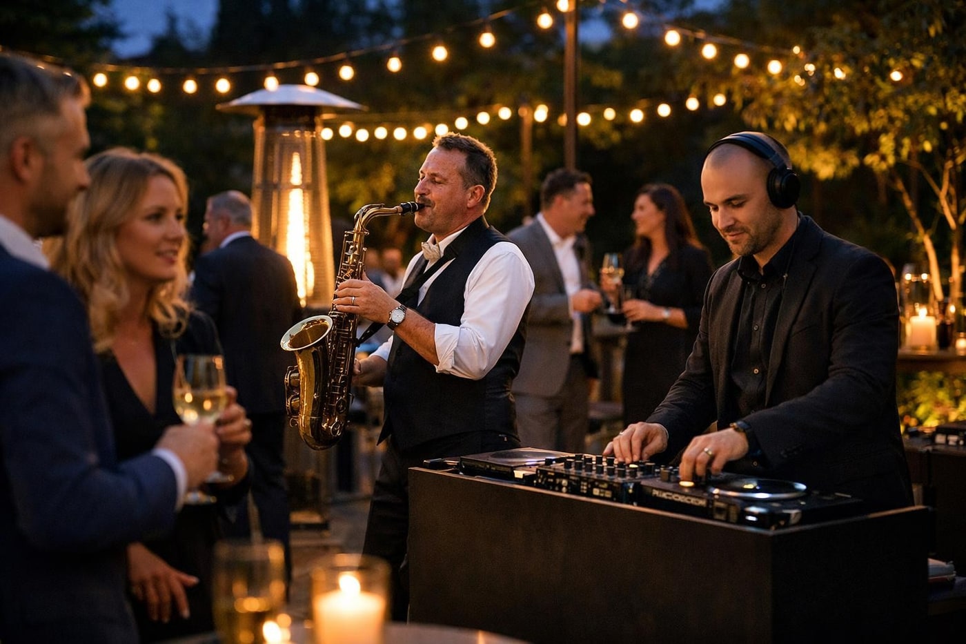 Evening outdoor corporate event with lighting and live entertainment
