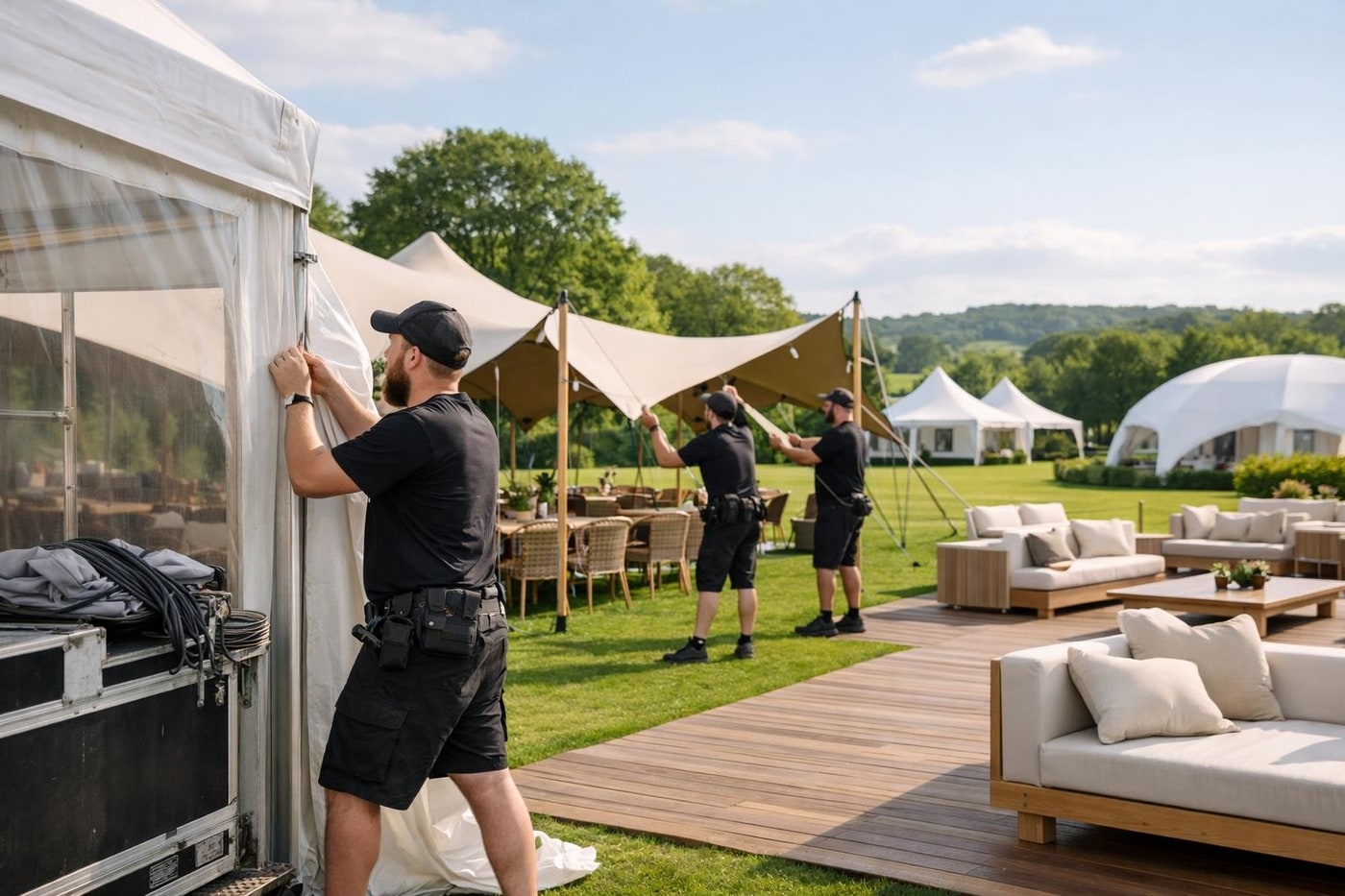 Weather-ready setup for an outdoor corporate event