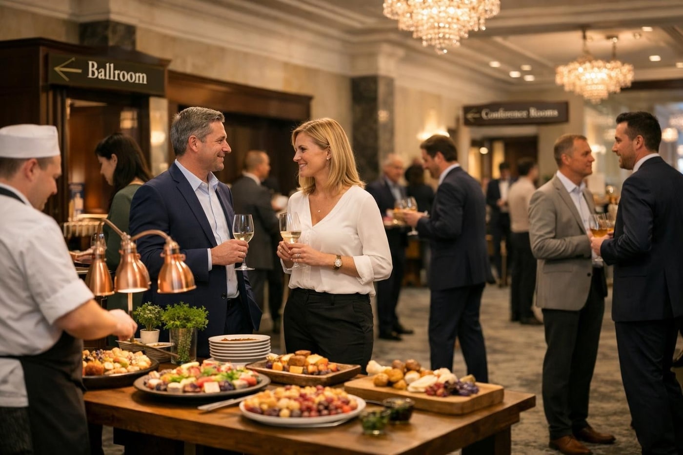Dining and social area in a multi-space corporate event