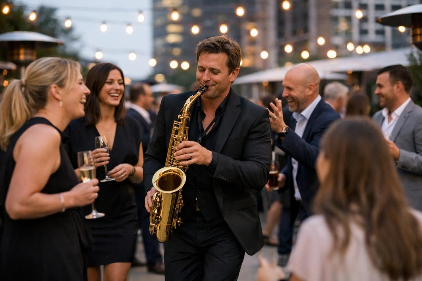 Roaming saxophonist at an outdoor corporate event
