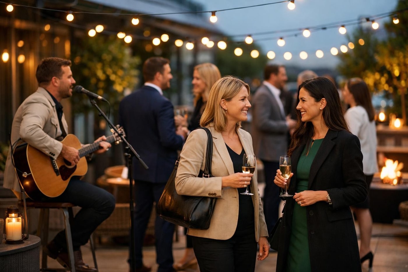 Guests arriving to an outdoor corporate event with live music