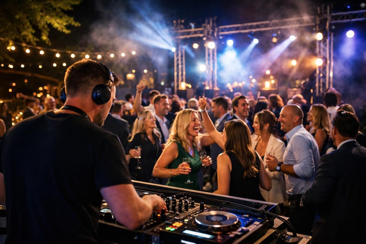 Late-night outdoor corporate party with DJ and dancefloor