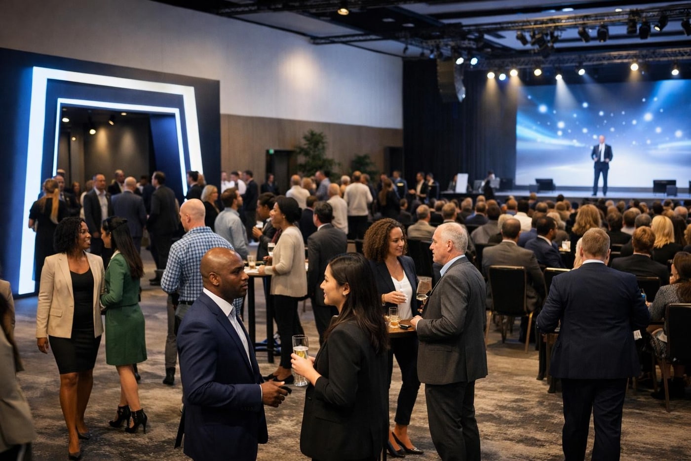 Guests moving through a large corporate event space