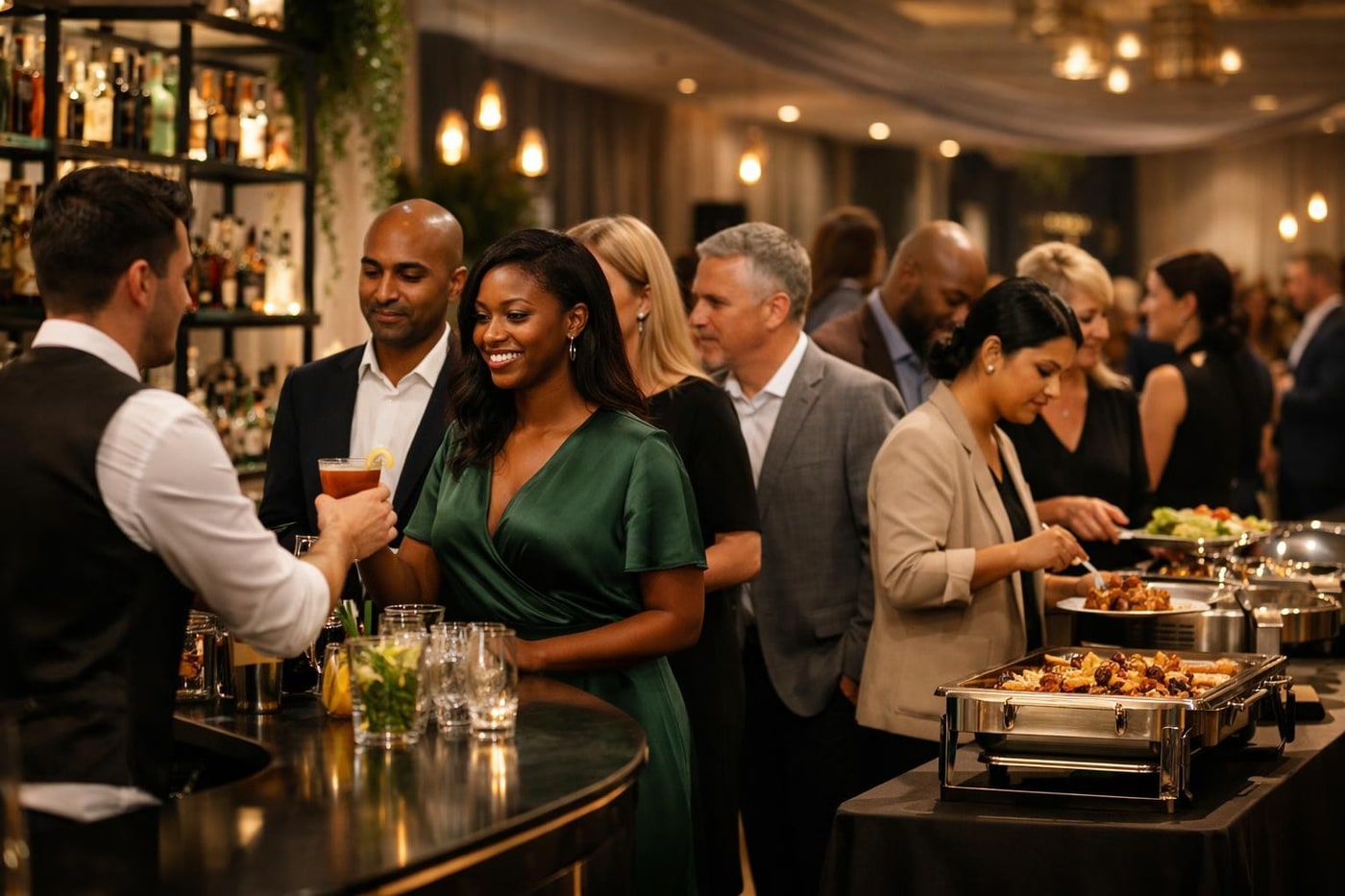 Strategically placed bar and catering station at a corporate event