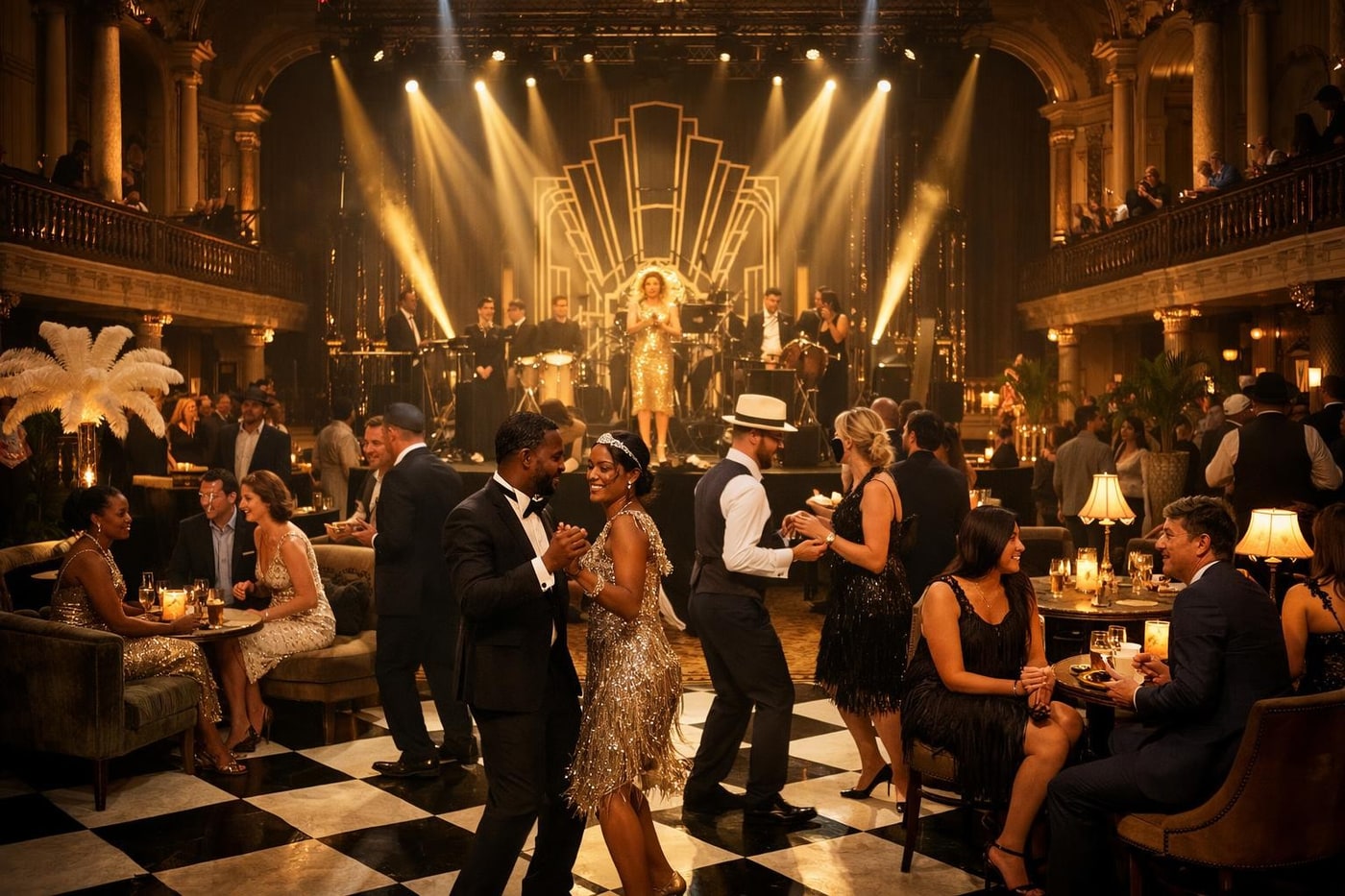 Large-scale 1920s themed event layout in a historic London venue