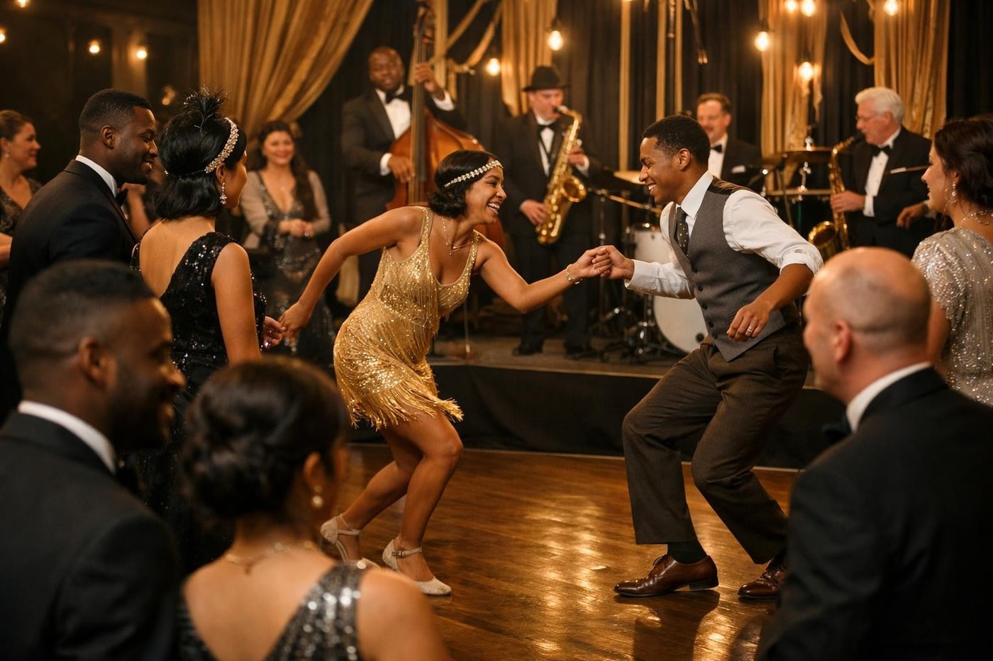 Live jazz and swing dancers at a 1920s corporate event