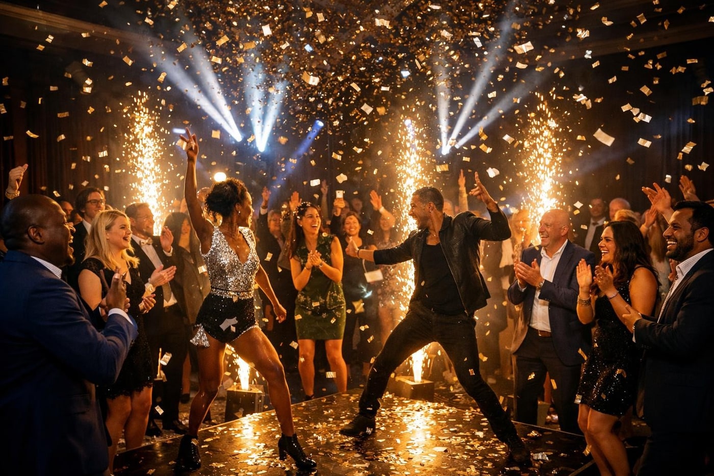 Corporate event finale with guests gathered around a performance