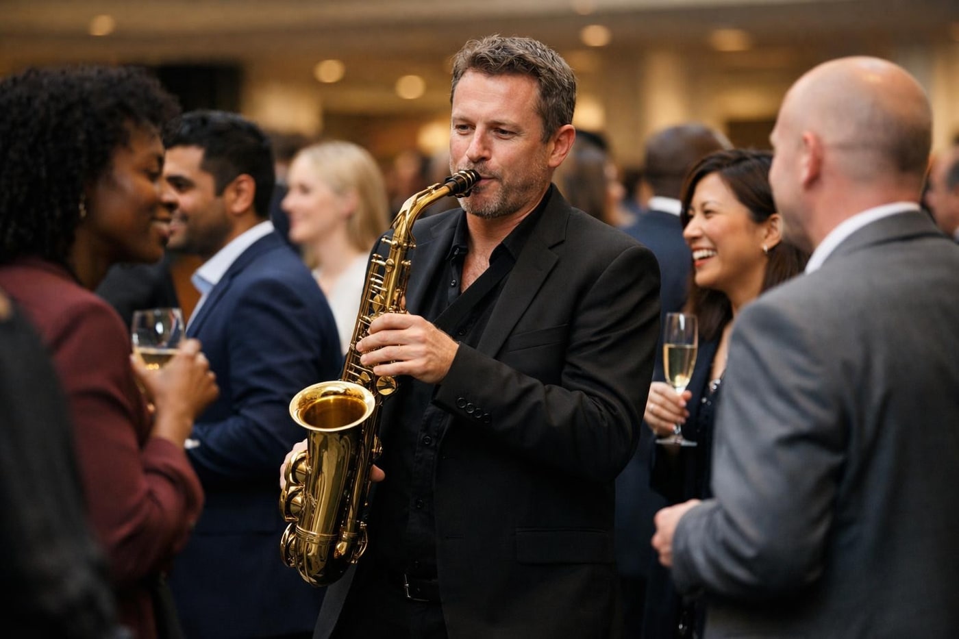 Roaming saxophonist engaging guests at a large corporate reception