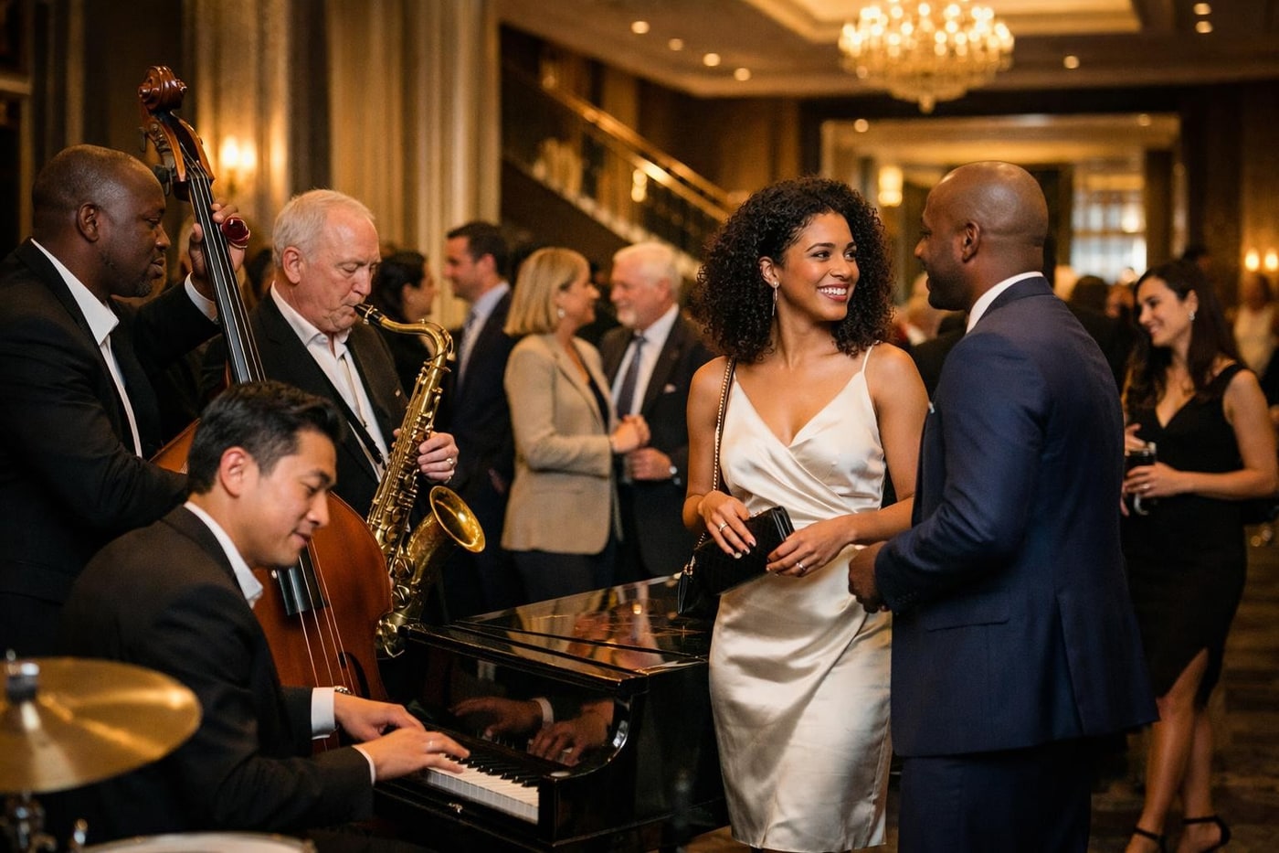 Live jazz trio welcoming guests at a corporate event