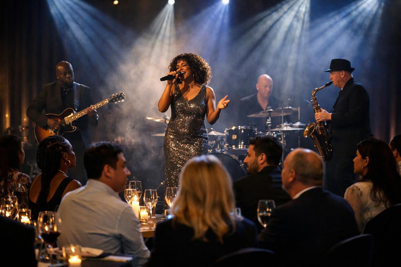 Headline live band performance with dramatic lighting