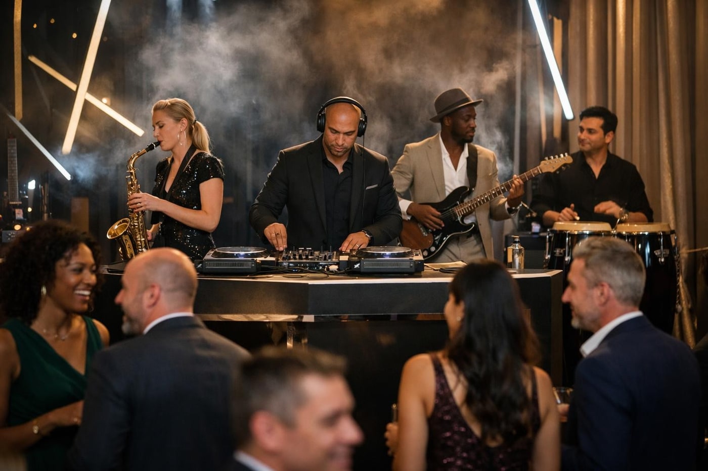 DJ performance with live musicians at a corporate event