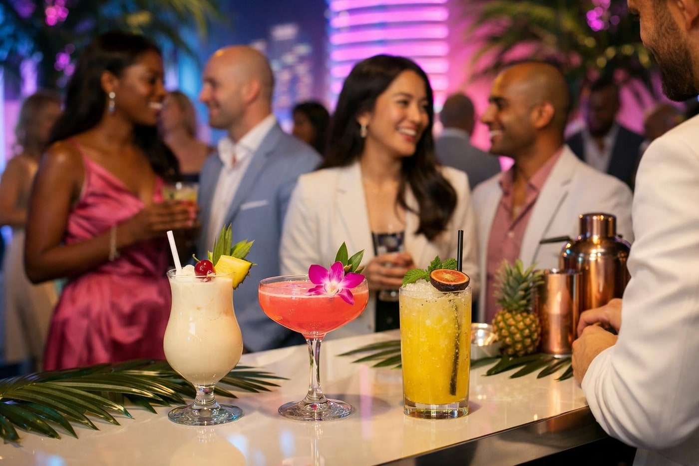 Tropical cocktails served at a Miami Vice themed corporate event