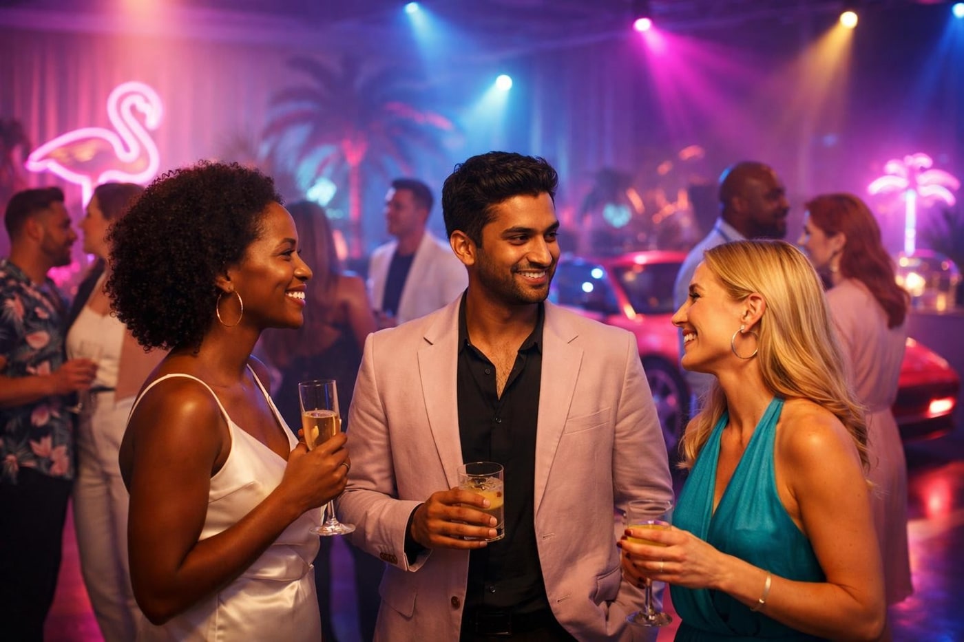 Dynamic lighting design for a Miami Vice themed event