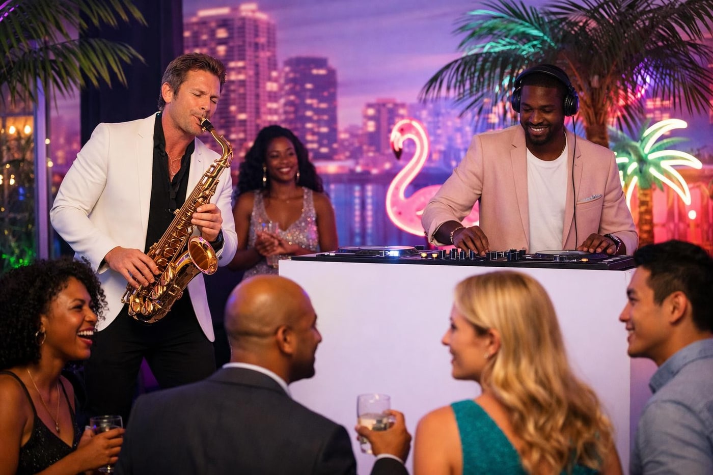 Live saxophonist and DJ at Miami Vice corporate event