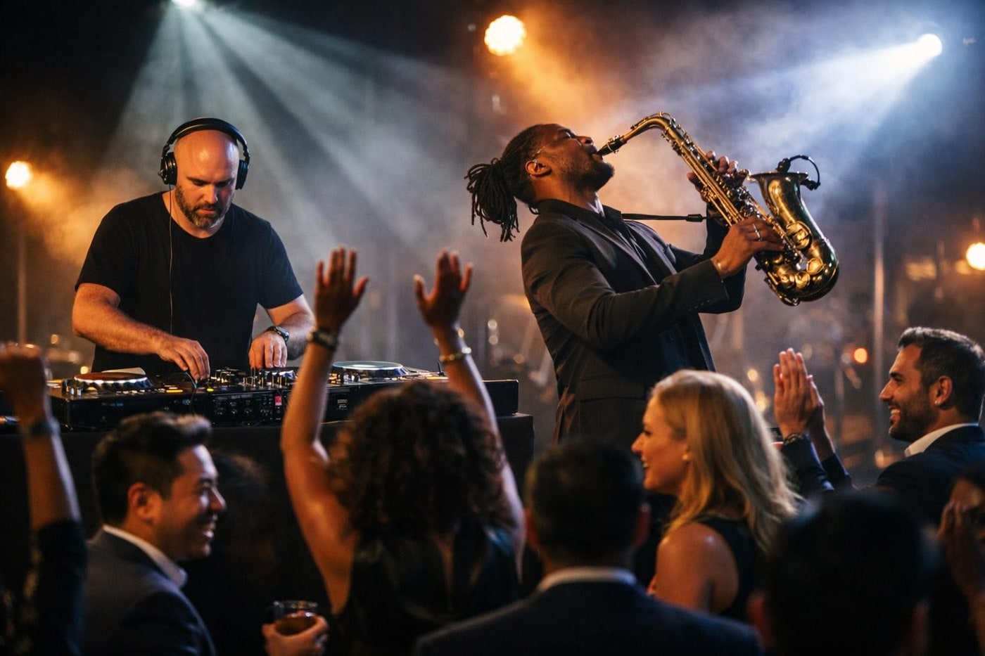 DJ and live musician combination creating a peak moment at a corporate party