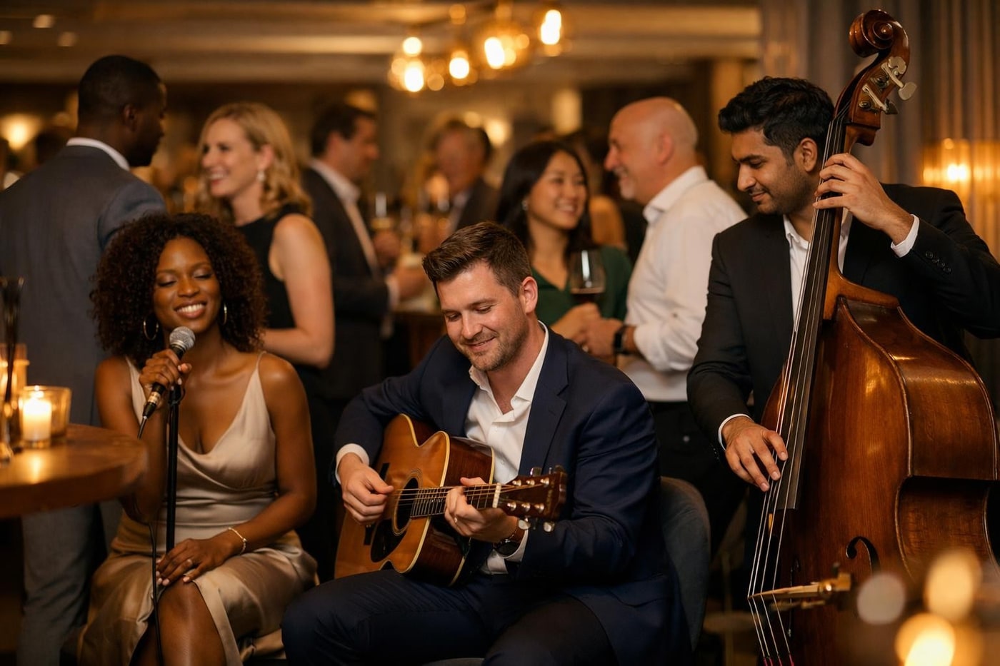 Live musicians performing during a corporate event reception
