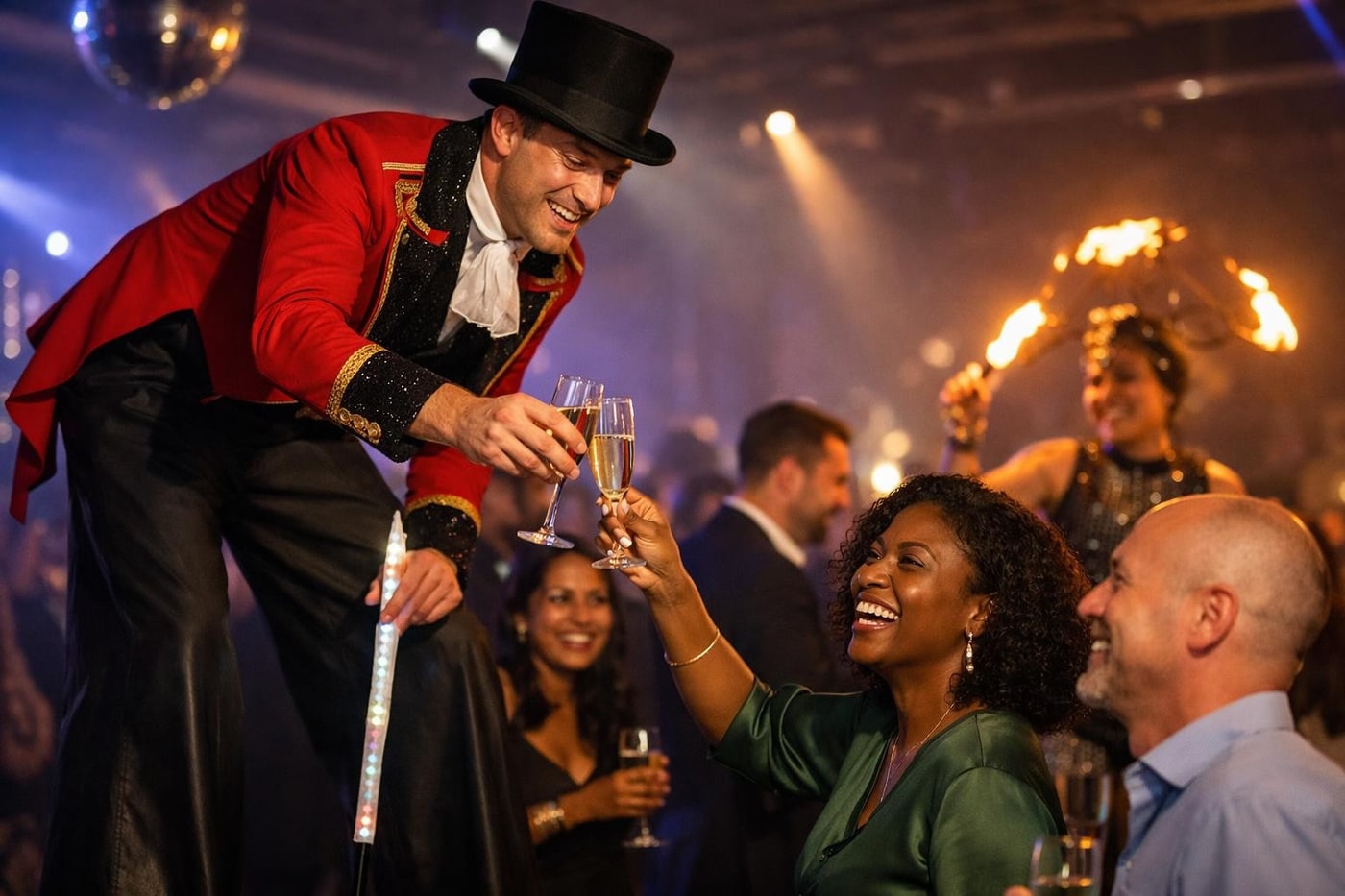 Roaming performers engaging guests at a corporate party