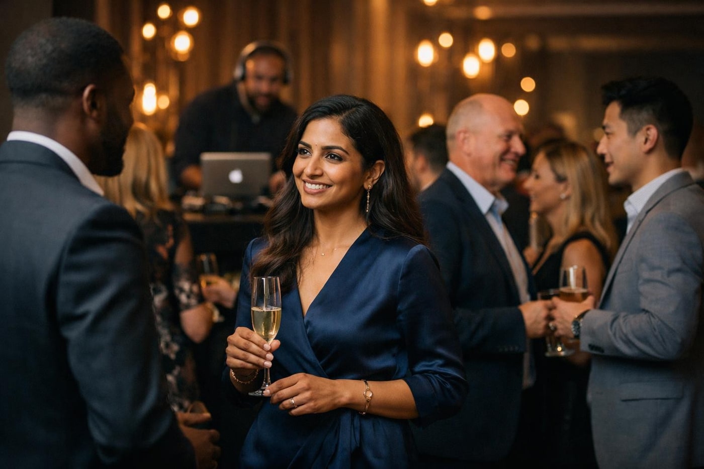 Guests arriving at a corporate event with background DJ entertainment