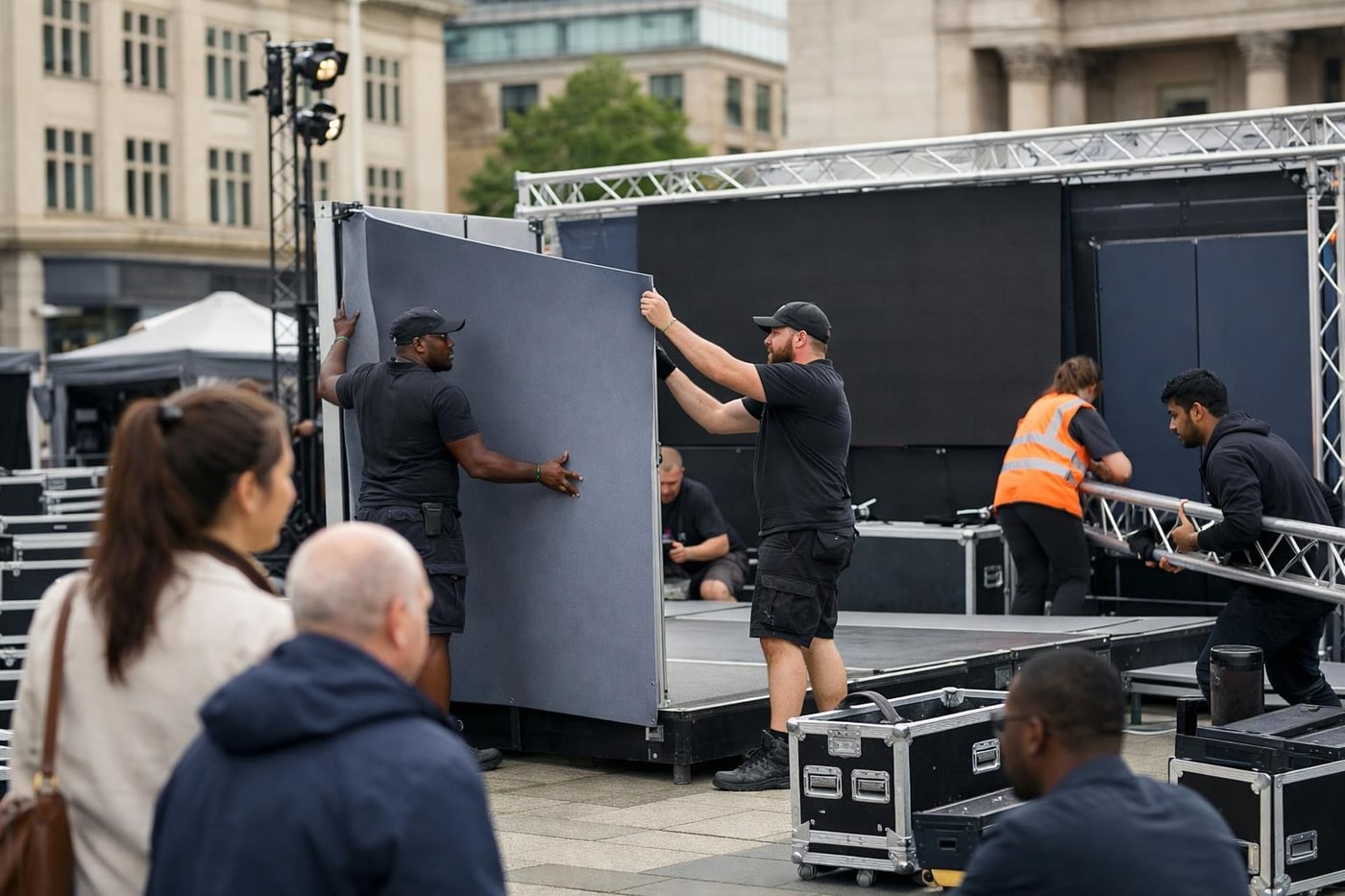 Crew preparing a modular roadshow setup in an urban square
