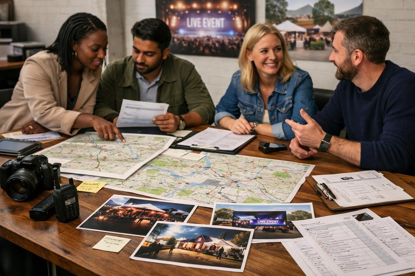 Roadshow planning documents and logistics materials on a table
